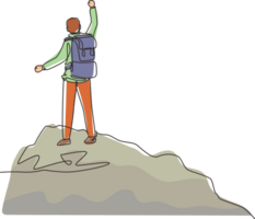 Single continuous line drawing cheerful man rising hands after climbing a peak of mountain. Concept of happy success achieving goals theme. Dynamic one line draw graphic design illustration png