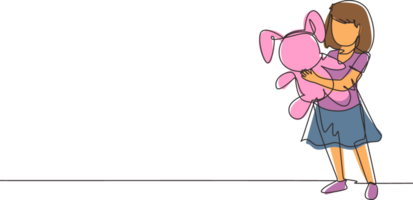 Single continuous line drawing portrait of smiling little girl hugging teddy bear at home. Childhood, toy. Little girl playing with teddy bear. Dynamic one line draw graphic design illustration png