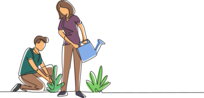 kontinuierlich einer Linie Zeichnung Mann Frau Gartenarbeit Pflanzen. Menschen wachsend Anlage, Grüns auf Boden, Versammlung Ernte. Mann kniend, Ehefrau mit Wasser können Pflanzen Blumen. Single Linie zeichnen Design png