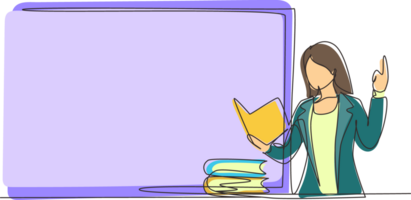 Continuous one line drawing young woman teacher standing in front of class with book on her hands, pile of books on table. Female teacher teach in classroom at school. Single line draw design png