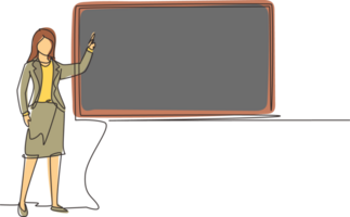 Continuous one line drawing woman teacher professor standing in front of blackboard teaching student in classroom. College class or university teacher teach in classroom. Single line design png