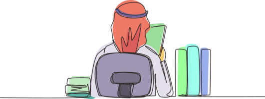 Single continuous line drawing back view of young Arabic man sitting at desk and reading book, student studying hard, preparing before exam with pile of books. One line draw design illustration png