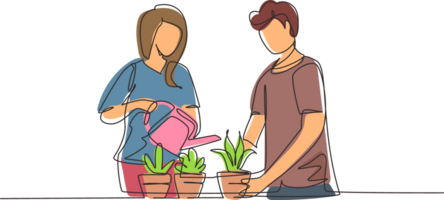 continuo uno línea dibujo hombre mujer pulverización y agua flores en estante con riego poder. contento Pareja tomar cuidado de hogar plantas, flores en ollas disfrutando jardinería. soltero línea dibujar diseño png