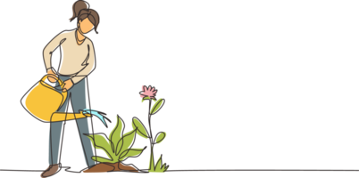 Single einer Linie Zeichnung schön jung Frau oder Gärtner nehmen Pflege von Zuhause Garten, Bewässerung Zimmerpflanzen wachsend im Gewächshaus mit Bewässerung dürfen. kontinuierlich Linie zeichnen Design Grafik Illustration png