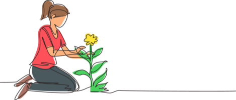 soltero uno línea dibujo joven mujer plantas flores a suelo. linda niña trasplantes plantas, haciendo jardinería, preparación a primavera. hogar pasatiempo, relajación concepto. continuo línea dibujar diseño png