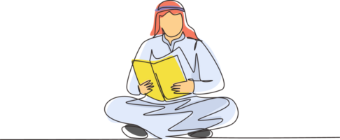 Continuous one line drawing Arab man is sitting on floor reading book. Student is preparing for the exam, applicant is preparing for admission, book lover is reading. Single line draw design png