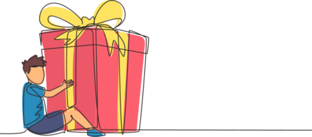 Continuous one line drawing happy little boy sitting and hugging huge gift box with ribbon bow wrapped in front of his in arms. Children accept birthday gift or present. Single line draw design png