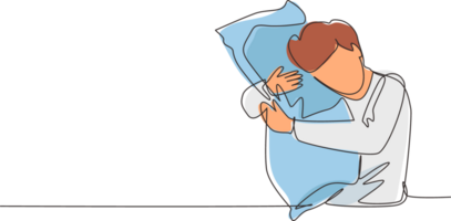 Single continuous line drawing male sleeping while hugging pillow. Activities of people. Sweet dream or sleep concept. Man took sleeping pill for insomnia. One line draw design illustration png