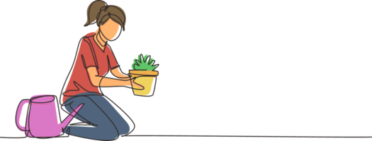 continuo uno línea dibujo contento niña tomando cuidado de plantas de interior creciente en jardineras joven linda mujer cultivando en conserva plantas a hogar. hembra disfrutando su pasatiempo. soltero línea dibujar diseño png