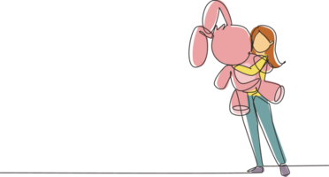 Single continuous line drawing little girl is hugging teddy bear. She is standing at full length and hiding behind toy. The shy beauty child. Dynamic one line draw graphic design illustration png