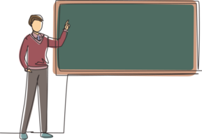 Continuous one line drawing man teacher professor standing in front of blackboard teaching student in classroom. College class or university teacher teach in classroom. Single line draw design png