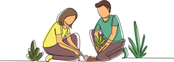 Single one line drawing young man woman are planting tree. Gardening, garden tools, spring, stalk. Couple plants seedling. Girl helps man plant young tree. Continuous line draw design graphic png