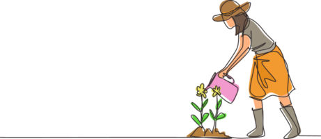 Single continuous line drawing girl volunteer watering plant with watering can, volunteering, charity, supporting people. Botanical garden, planting flowers. One line draw design illustration png