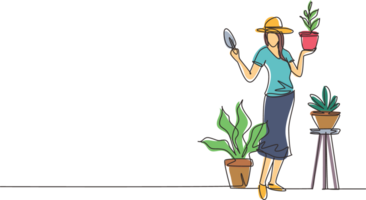 Single one line drawing woman gardener, florist working in botanical garden, home backyard, planting flower, holding little shovel. Rack, plant in pots. Continuous line draw design illustration png