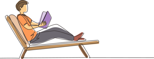 Single one line drawing reclined man reading book in lounge chair. Chill out time with good story concept. Smart male reader enjoying literature or studying. Continuous line draw design graphic png