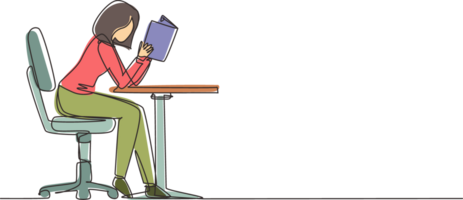 Single continuous line drawing girl student reading book in library or bookshop and sitting on chair at table. People read and study education or pupil learning lesson. One line draw design png