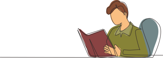 Single kontinuierlich Linie Zeichnung Schüler Sitzung beim Tisch, halten Buch im Hände. Schüler lesen Buch im Bibliothek. Schüler lesen Buch und vorbereiten zum Prüfung. einer Linie zeichnen Design Illustration png