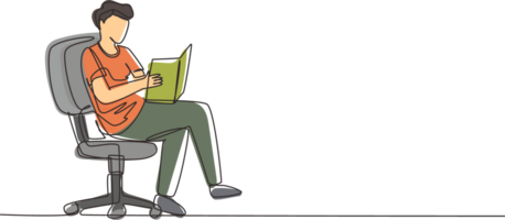 contínuo 1 linha desenhando moderno jovem homem lendo livro sentado dentro cadeira. inteligente masculino leitor desfrutando literatura, estudando e preparando para exame. solteiro linha desenhar Projeto gráfico ilustração png