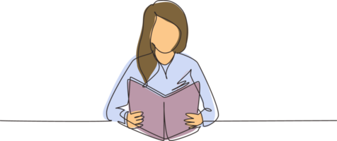 soltero continuo línea dibujo niña leyendo libro, educación. mujer estudiante sentado a escritorio a leer literario trabajar, historia libros y estudiar, libros de texto en mesa. uno línea dibujar diseño ilustración png