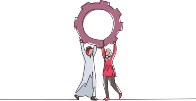 Single one line drawing collaboration. Arabian man woman lifting gears. People working with cogs. Professional teamwork process cooperation concept. Continuous line draw design illustration png