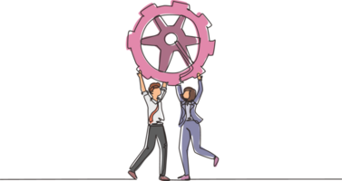 Single continuous line drawing collaboration. Man and woman lifting gears. People working with cogs. Professional teamwork process cooperation concept. One line draw design graphic illustration png