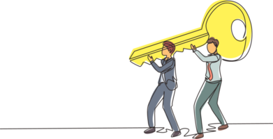 Single continuous line drawing Business solution. Teamwork achievement. Cooperation concept. Two men lifting big key. Effective work. Direction to success. One line draw design illustration png