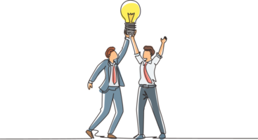 Single continuous line drawing goal achievement, winning, teamwork, business. Team businessman holding light bulb. Successful trouble solution idea creation. One line draw design illustration png