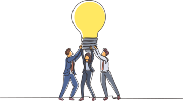 Single one line drawing group people hold huge lamp new idea. Success in business rely on teamwork, good planning, finding creative solution to problem. Continuous line draw design illustration png