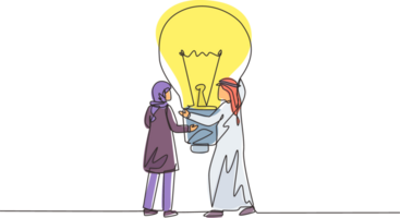 Single continuous line drawing two Arab people hold big idea bulb. Creativity, brainstorming, teamwork. Man woman holding bulb up, symbol of finding solution. One line draw design illustration png