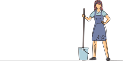 Single one line drawing woman with buckets and mops. Cleaning service. Female dressed in uniform with cleaning equipment. Professional cleaning staff. Continuous line draw design illustration png