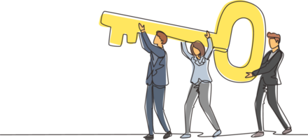 Continuous one line drawing business team holding and carrying big key to unlock the lock. Cooperative teamwork, collaborative business concept. Single line draw design graphic illustration png