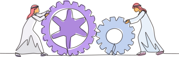 Continuous one line drawing two Arabic businessmen pushing big cogs together. Teamwork cooperation in gears mechanism. Men working on push gears, teamwork or leadership. Single line draw design png