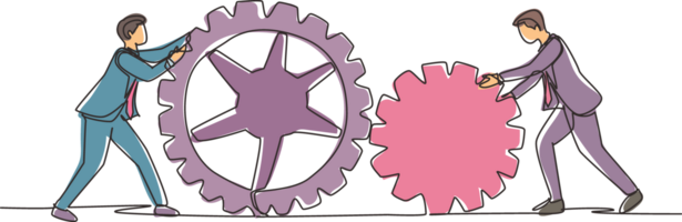 single doorlopend lijn tekening twee zakenman voortvarend groot radertjes samen. samenspel samenwerking in versnellingen mechanisme. jong mannen werken Aan Duwen versnellingen, samenspel of leiderschap. een lijn trek ontwerp png