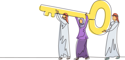 Single one line drawing Arabian business team holding and carrying big key to unlock the lock. Cooperative teamwork, collaborative business concept. Continuous line draw design illustration png