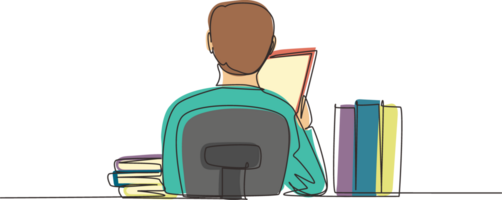 Continuous one line drawing back view of young man sitting at desk and reading book, student studying hard and preparing before exam with pile of books. Single line draw design illustration png