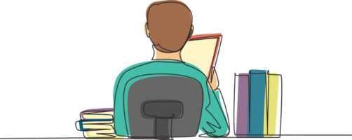 Continuous one line drawing back view of young man sitting at desk and reading book, student studying hard and preparing before exam with pile of books. Single line draw design illustration png