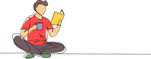 Single one line drawing smart student preparing for exam. Young man studying, reading textbooks, drink cup of coffee. Reader sitting on floor, learning. Continuous line draw design illustration png