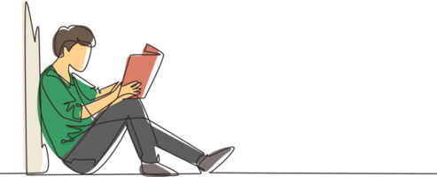 Continuous one line drawing young man sit on the floor, reclined on wall of library, read book. Guy studying and reading textbooks. Reader sitting on floor and learning. Single line draw design png