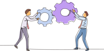 Continuous one line drawing teamwork cooperation in gears mechanism. Two businessmen engaged in business direction to successful. Huge cogwheel machine. Single line draw design illustration png