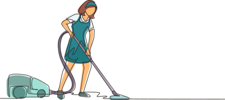 Continuous one line drawing woman with vacuum cleaners of various types isolated. Washing, cleaning service. Disinfection and cleaning. Single line draw design illustration png