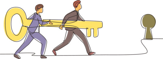 Single continuous line drawing business men standing in front of keyhole with big key. Business team holding key to success. Two business man carrying huge golden key. One line draw design png