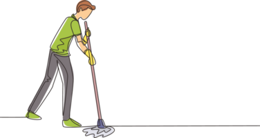Continuous one line drawing male mopping floor at office. Cleaning workers. Professional cleaning staff, domestic cleaner worker and cleaners equipment. Single line draw design illustration png