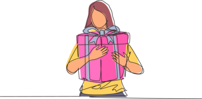 Continuous one line drawing woman holding big ribbon bow wrapped gift box in her arms. Young female holding gift. Lady with gift box. Gift for the holiday. Single line draw design illustration png
