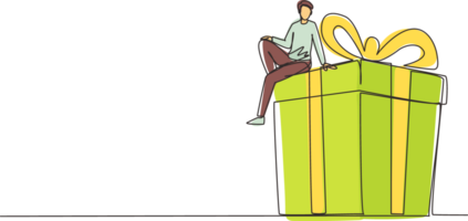 Single one line drawing businessman sitting on big gift box. Big present concept. Man sitting on big box with present. Happy person gets a huge gift. Continuous line draw design illustration png