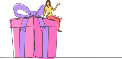 Single continuous line drawing businesswoman sitting on big gift box. Big present concept. Female sitting on big box with present. Happy person gets huge gift. One line draw design illustration png