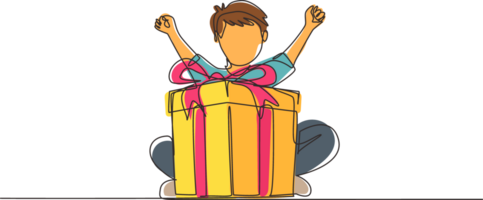 Single one line drawing happy little boy holding big ribbon bow wrapped gift box in front of his in arms. Cheerful child accept birthday gift. Continuous line draw design graphic illustration png