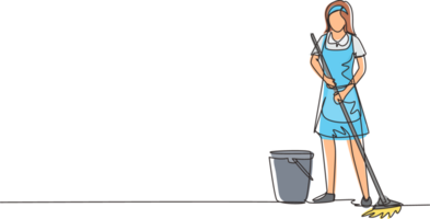 Single continuous line drawing cleaning company staff to work with the equipment. Woman with buckets and mops. Domestic cleaner worker and cleaners equipment. One line draw design illustration png