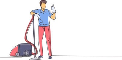 Single continuous line drawing worker of cleaning service. Man dressed in uniform with vacuum cleaner. Washing and cleaning service. Disinfection and cleaning. One line draw design illustration png