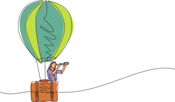 Single continuous line drawing businesswoman looking through telescope in hot air balloon briefcase. Female in suitcase balloon search to success. Business travel. One line draw graphic design png