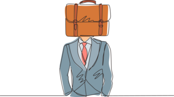 Continuous one line drawing businessman with briefcase instead of head, symbolizing avarice, broker, money, success. Successful business pleasure goal. Single line design graphic illustration png